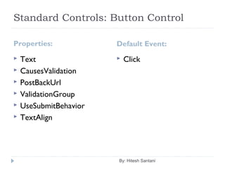 Standard Controls: Button Control
Properties: Default Event:
 Text
 CausesValidation
 PostBackUrl
 ValidationGroup
 UseSubmitBehavior
 TextAlign
 Click
By: Hitesh Santani
 