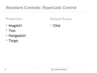 Standard Controls: HyperLink Control
Properties: Default Event:
 ImageUrl
 Text
 NavigateUrl
 Target
 Click
By: Hitesh Santani
 