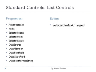 Standard Controls: List Controls
Properties: Event:
 AutoPostBack
 Items
 SelectedIndex
 SelectedItem
 SelectedValue
 DataSource
 DataMember
 DataTextField
 DataValueField
 DataTextFormatString
 SelectedIndexChanged
By: Hitesh Santani
 