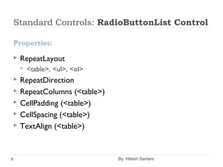 Standard Controls: RadioButtonList Control
Properties:
 RepeatLayout
 <table>, <ul>, <ol>
 RepeatDirection
 RepeatColumns (<table>)
 CellPadding (<table>)
 CellSpacing (<table>)
 TextAlign (<table>)
By: Hitesh Santani
 