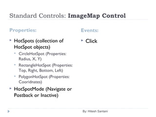 Standard Controls: ImageMap Control
Properties:
 HotSpots (collection of
HotSpot objects)
 CircleHotSpot (Properties:
Radius, X, Y)
 RectangleHotSpot (Properties:
Top, Right, Bottom, Left)
 PolygonHotSpot (Properties:
Cooridnates)
 HotSpotMode (Navigate or
Postback or Inactive)
By: Hitesh Santani
Events:
 Click
 