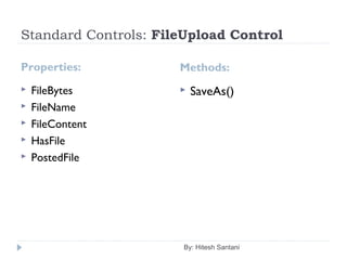Standard Controls: FileUpload Control
Properties:
 FileBytes
 FileName
 FileContent
 HasFile
 PostedFile
By: Hitesh Santani
Methods:
 SaveAs()
 