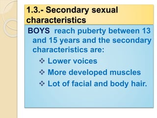 1.3.- Secondary sexual 
characteristics 
BOYS reach puberty between 13 
and 15 years and the secondary 
characteristics are: 
 Lower voices 
 More developed muscles 
 Lot of facial and body hair. 
 