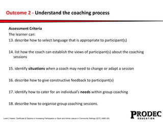 Outcome 2 - Understand the coaching process 
Assessment Criteria 
The learner can: 
13. describe how to select language th...
