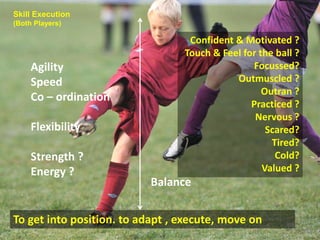Confident & Motivated ? 
Touch & Feel for the ball ? 
Balance 
Agility 
Speed 
Co – ordination 
Flexibility 
Strength ? 
E...
