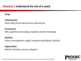 Outcome 1 Understand the role of a coach 
Range 
Participant/(s) 
Adult, child, person with particular requirements 
Envir...