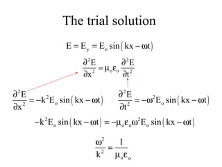 The trial solution
( )y oE E E sin kx t= = − ω
2 2
o o2 2
E E
x t
∂ ∂
= µ ε
∂ ∂
( )
2
2
o2
E
E sin kx t
t
∂
= −ω − ω
∂
( )
2
2
o2
E
k E sin kx t
x
∂
= − − ω
∂
( ) ( )2 2
o o o ok E sin kx t E sin kx t− −ω = −µ ε ω − ω
2
2
o o
1
k
ω
=
µ ε
 