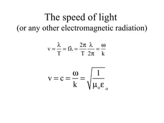 The speed of light
(or any other electromagnetic radiation)
o o
1
v c
k
ω
= = =
µ ε
2
v f
T T 2 k
λ π λ ω
= = λ = =
π
 