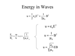 Energy in Waves
2 2
0
0
1 1
u E B
2 2
= ε +
µ
o
o o o
E 1
c
B k
ω
= = =
µ ε
2
0u E= ε
2
0
1
u B=
µ
0
0
u EB
ε
=
µ
 