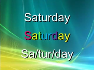 SaturdaySaturday
SSaattururddayay
Sa/tur/daySa/tur/day
 