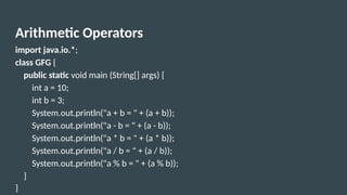 Arithmetic Operators
import java.io.*;
class GFG {
public static void main (String[] args) {
int a = 10;
int b = 3;
System.out.println("a + b = " + (a + b));
System.out.println("a - b = " + (a - b));
System.out.println("a * b = " + (a * b));
System.out.println("a / b = " + (a / b));
System.out.println("a % b = " + (a % b));
}
}
 