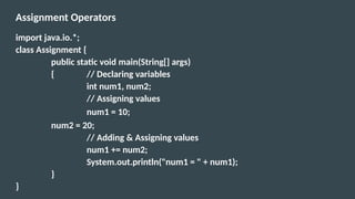 Assignment Operators
import java.io.*;
class Assignment {
public static void main(String[] args)
{ // Declaring variables
int num1, num2;
// Assigning values
num1 = 10;
num2 = 20;
// Adding & Assigning values
num1 += num2;
System.out.println("num1 = " + num1);
}
}
 