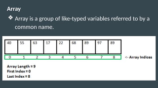Array
❖ Array is a group of like-typed variables referred to by a
common name.
 
