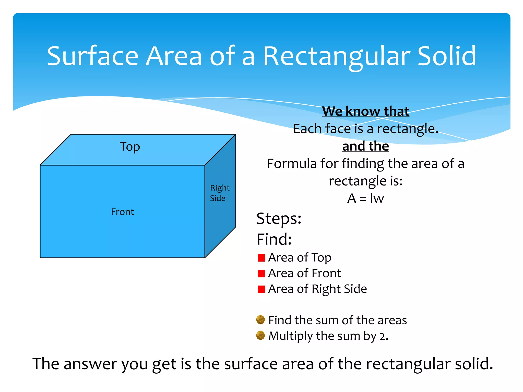 Surface Area of a Rectangular Solid
                                         We know that
                                    Each face is a rectangle.
            Top                              and the
                                 Formula for finding the area of a
                        Right
                                          rectangle is:
                        Side                  A = lw
          Front
                                Steps:
                                Find:
                                 Area of Top
                                 Area of Front
                                 Area of Right Side

                                 Find the sum of the areas
                                 Multiply the sum by 2.

The answer you get is the surface area of the rectangular solid.
 