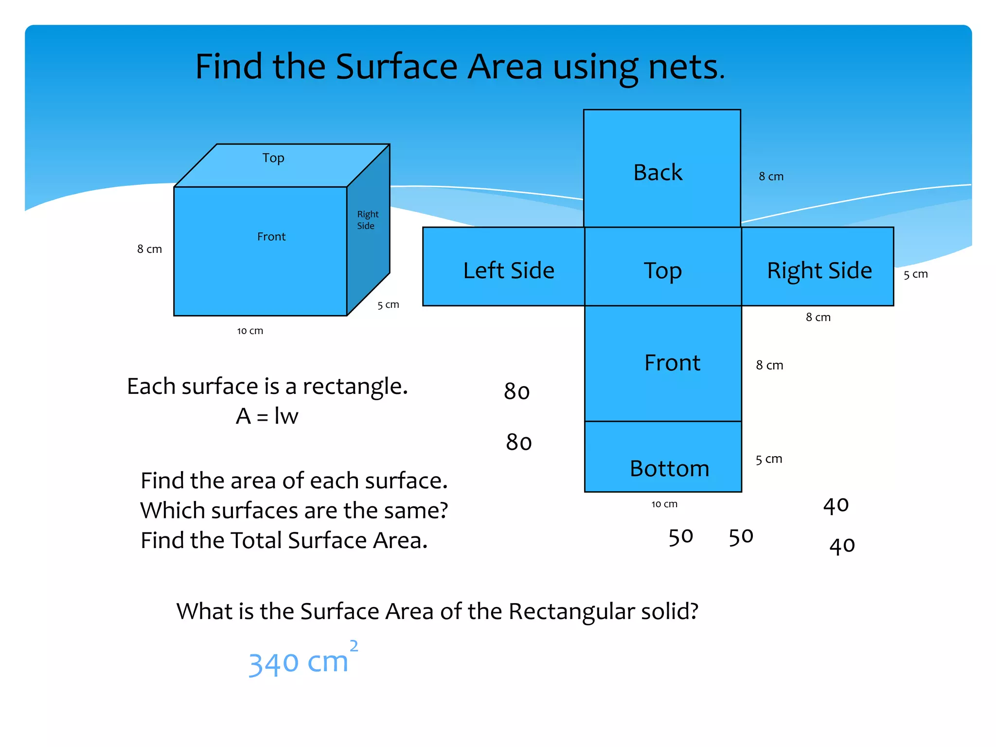 Find the Surface Area using nets.

                 Top
                                                   Back           8 cm

                         Right
                         Side
                Front
 8 cm

                                    Left Side       Top            Right Side    5 cm

                             5 cm
                                                                         8 cm
             10 cm


                                                    Front         8 cm
Each surface is a rectangle.           80
          A = lw
                                        80
                                                                  5 cm
 Find the area of each surface.                    Bottom
 Which surfaces are the same?                        10 cm                 40
 Find the Total Surface Area.                           50   50             40

        What is the Surface Area of the Rectangular solid?
                        2
               340 cm
 