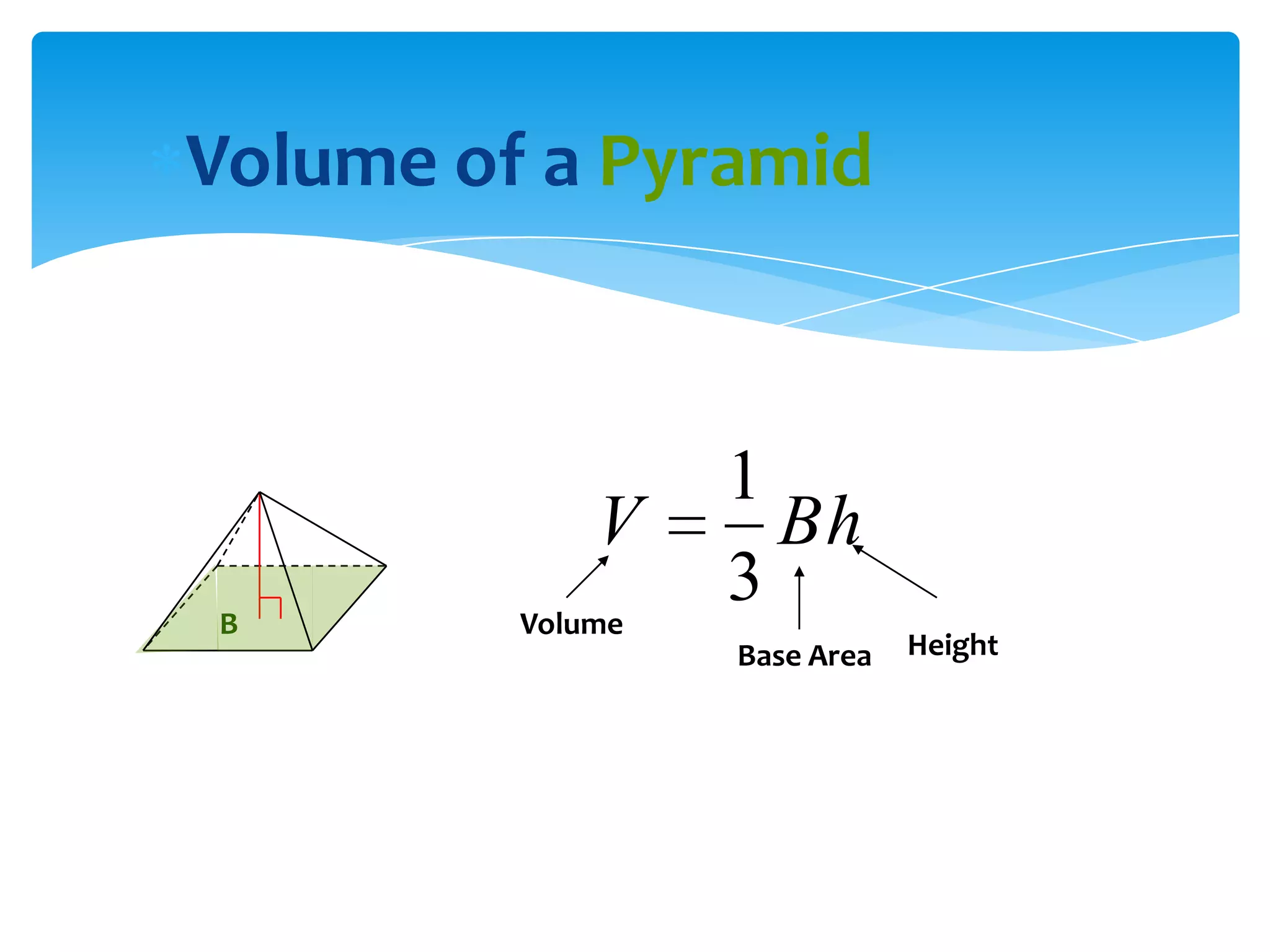 Volume of a Pyramid



                  1
             V      Bh
B        Volume
                  3
                  Base Area   Height
 
