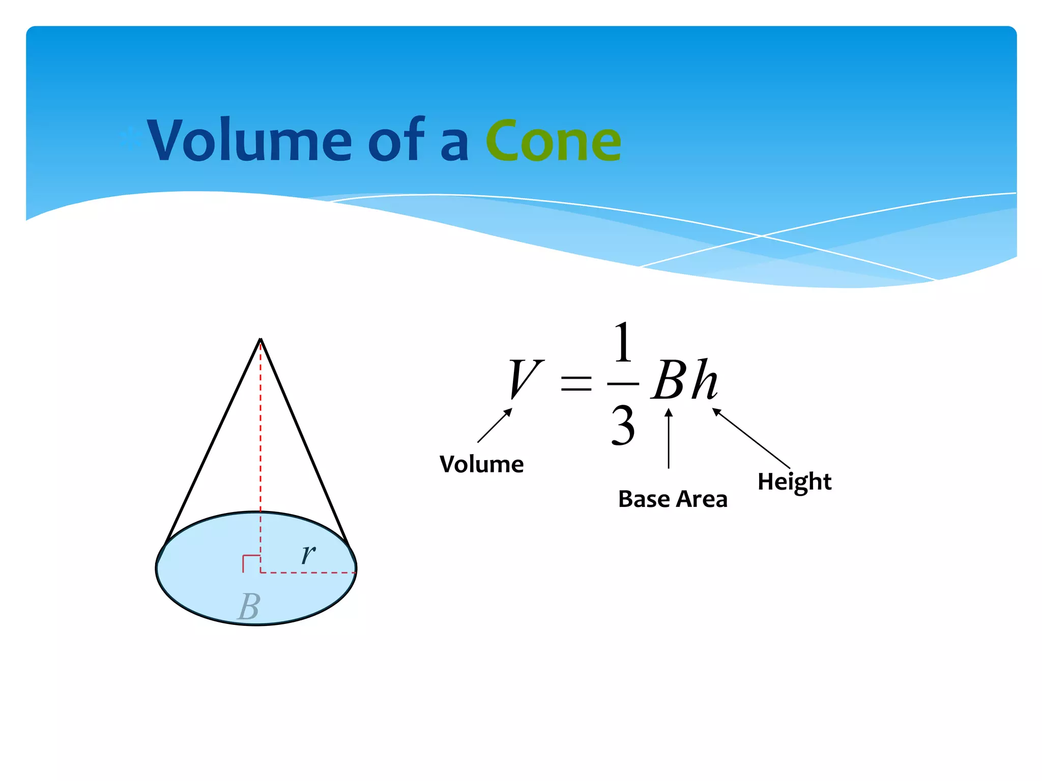 Volume of a Cone


                    1
               V      Bh
           Volume
                    3
                                Height
                    Base Area

       r
   B
 