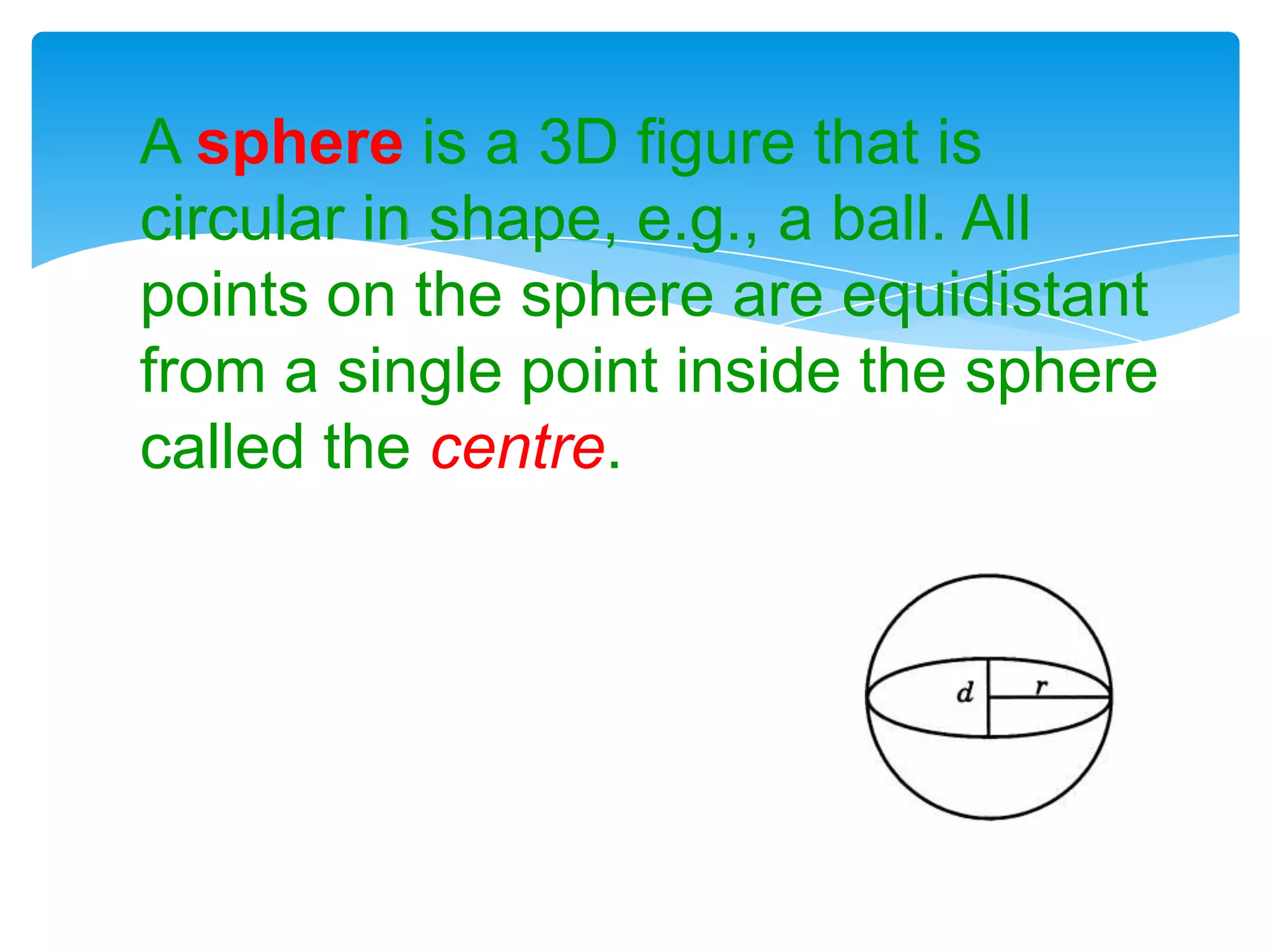 A sphere is a 3D figure that is
circular in shape, e.g., a ball. All
points on the sphere are equidistant
from a single point inside the sphere
called the centre.
 