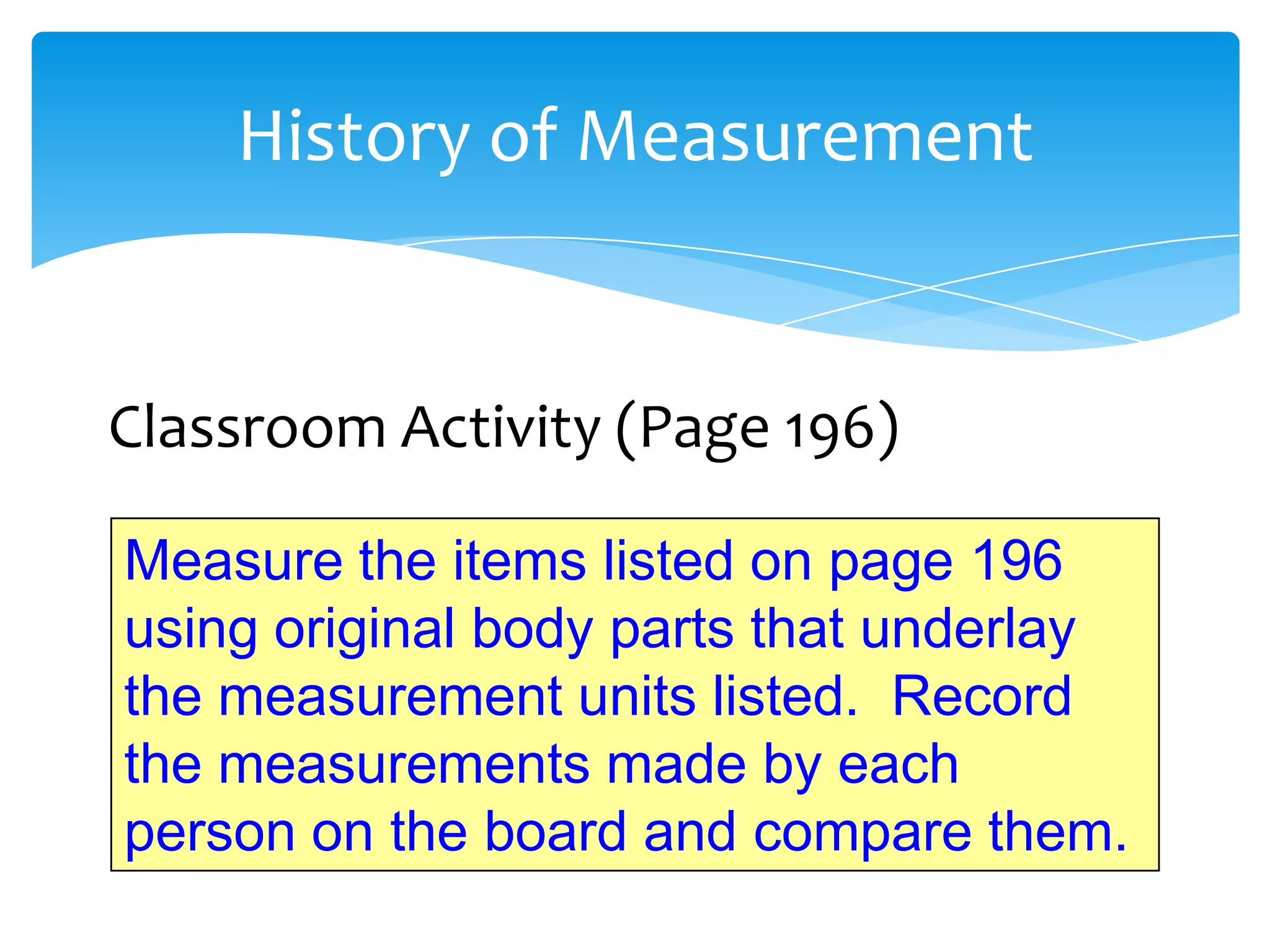 History of Measurement


Classroom Activity (Page 196)

Measure the items listed on page 196
using original body parts that underlay
the measurement units listed. Record
the measurements made by each
person on the board and compare them.
 