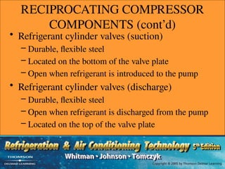 RECIPROCATING COMPRESSOR
COMPONENTS (cont’d)
• Refrigerant cylinder valves (suction)
– Durable, flexible steel
– Located on the bottom of the valve plate
– Open when refrigerant is introduced to the pump
• Refrigerant cylinder valves (discharge)
– Durable, flexible steel
– Open when refrigerant is discharged from the pump
– Located on the top of the valve plate
 