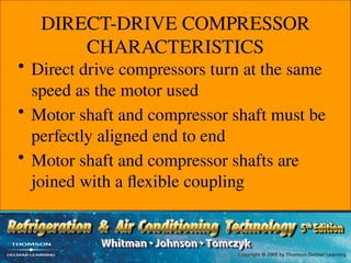 DIRECT-DRIVE COMPRESSOR
CHARACTERISTICS
• Direct drive compressors turn at the same
speed as the motor used
• Motor shaft and compressor shaft must be
perfectly aligned end to end
• Motor shaft and compressor shafts are
joined with a flexible coupling
 