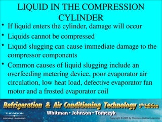 LIQUID IN THE COMPRESSION
CYLINDER
• If liquid enters the cylinder, damage will occur
• Liquids cannot be compressed
• Liquid slugging can cause immediate damage to the
compressor components
• Common causes of liquid slugging include an
overfeeding metering device, poor evaporator air
circulation, low heat load, defective evaporator fan
motor and a frosted evaporator coil
 