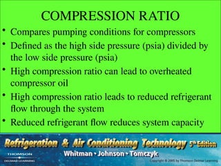 COMPRESSION RATIO
• Compares pumping conditions for compressors
• Defined as the high side pressure (psia) divided by
the low side pressure (psia)
• High compression ratio can lead to overheated
compressor oil
• High compression ratio leads to reduced refrigerant
flow through the system
• Reduced refrigerant flow reduces system capacity
 