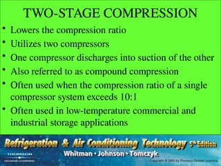 TWO-STAGE COMPRESSION
• Lowers the compression ratio
• Utilizes two compressors
• One compressor discharges into suction of the other
• Also referred to as compound compression
• Often used when the compression ratio of a single
compressor system exceeds 10:1
• Often used in low-temperature commercial and
industrial storage applications
 