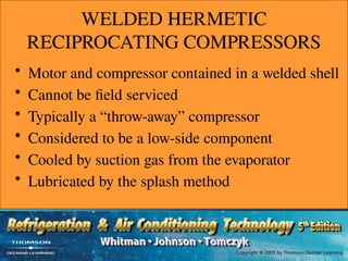 WELDED HERMETIC
RECIPROCATING COMPRESSORS
• Motor and compressor contained in a welded shell
• Cannot be field serviced
• Typically a “throw-away” compressor
• Considered to be a low-side component
• Cooled by suction gas from the evaporator
• Lubricated by the splash method
 