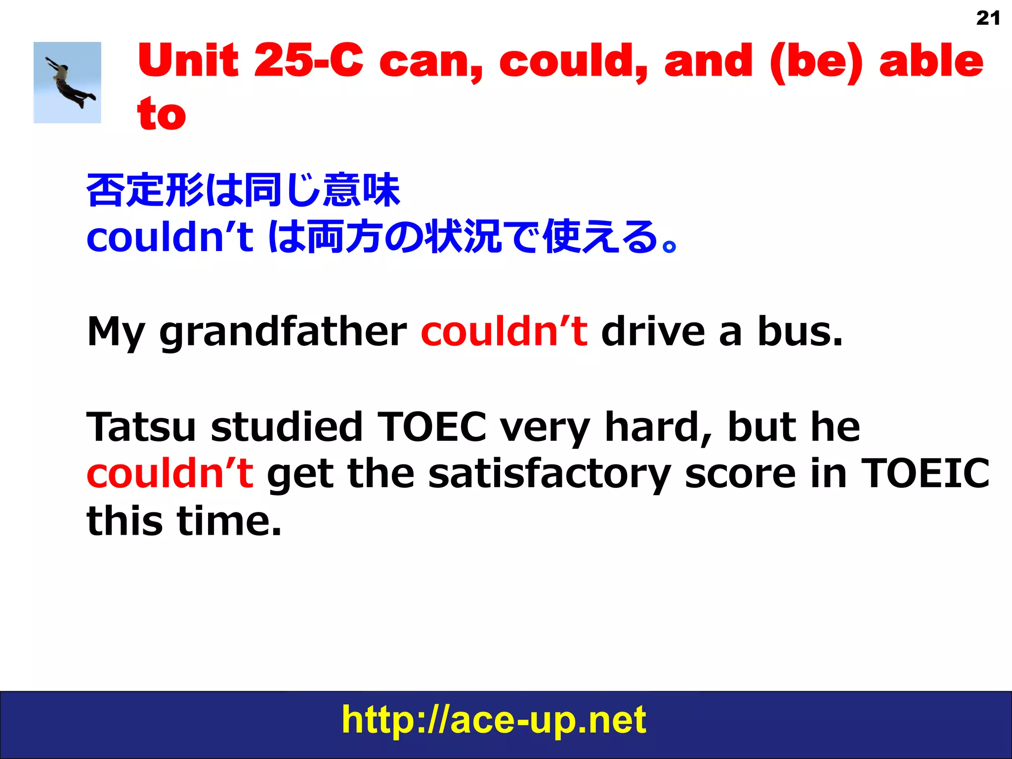 http://ace-up.net
21
Unit 25-C can, could, and (be) able
to
否定形は同じ意味
couldnʼ’t  は両⽅方の状況で使える。
My  grandfather  couldnʼ’t  drive  a  bus.
Tatsu  studied  TOEC  very  hard,  but  he  
couldnʼ’t  get  the  satisfactory  score  in  TOEIC  
this  time.
 