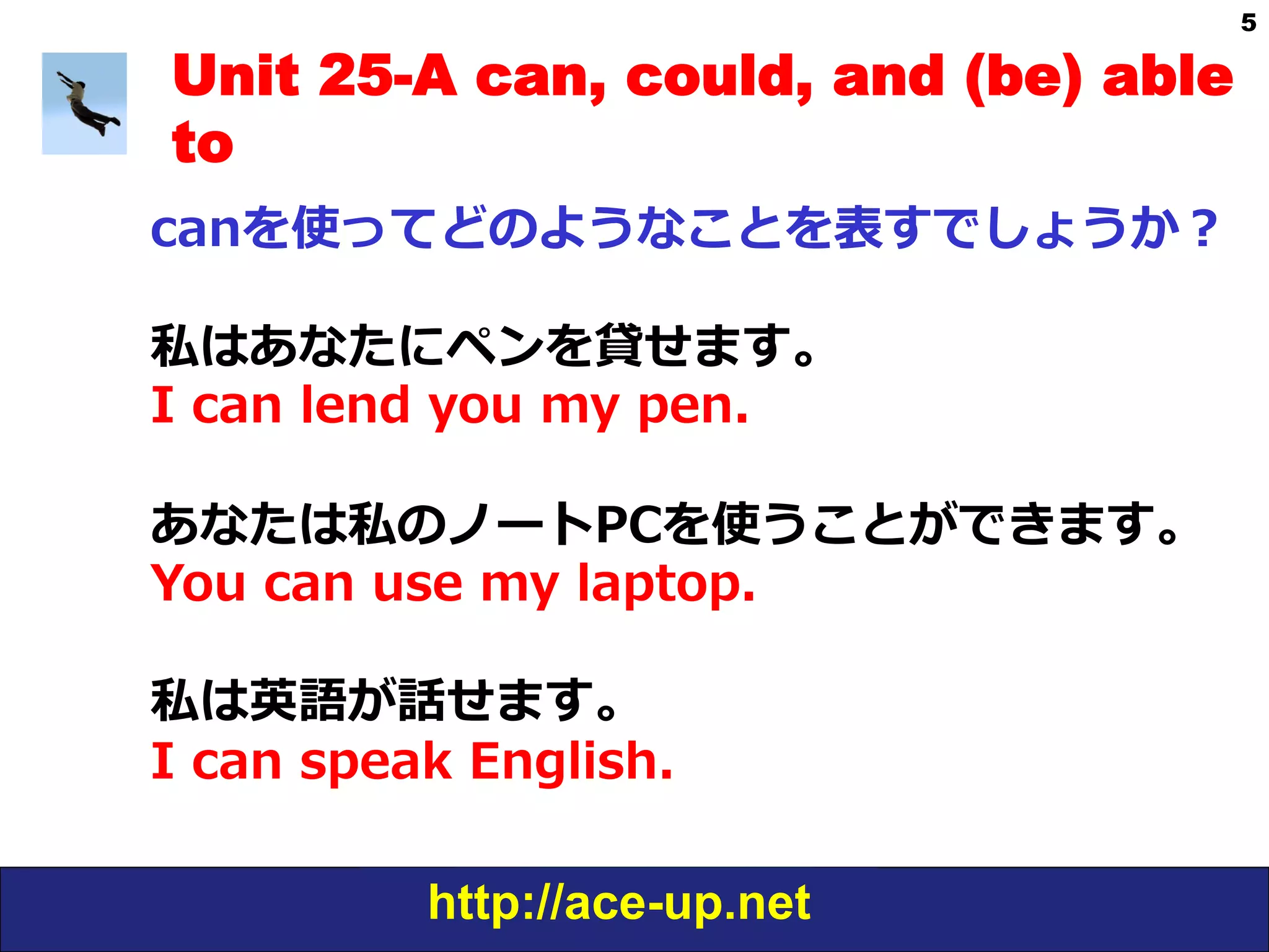 http://ace-up.net
5
Unit 25-A can, could, and (be) able
to
canを使ってどのようなことを表すでしょうか？
私はあなたにペンを貸せます。
I  can  lend  you  my  pen.
あなたは私のノートPCを使うことができます。
You  can  use  my  laptop.
私は英語が話せます。
I  can  speak  English.
 