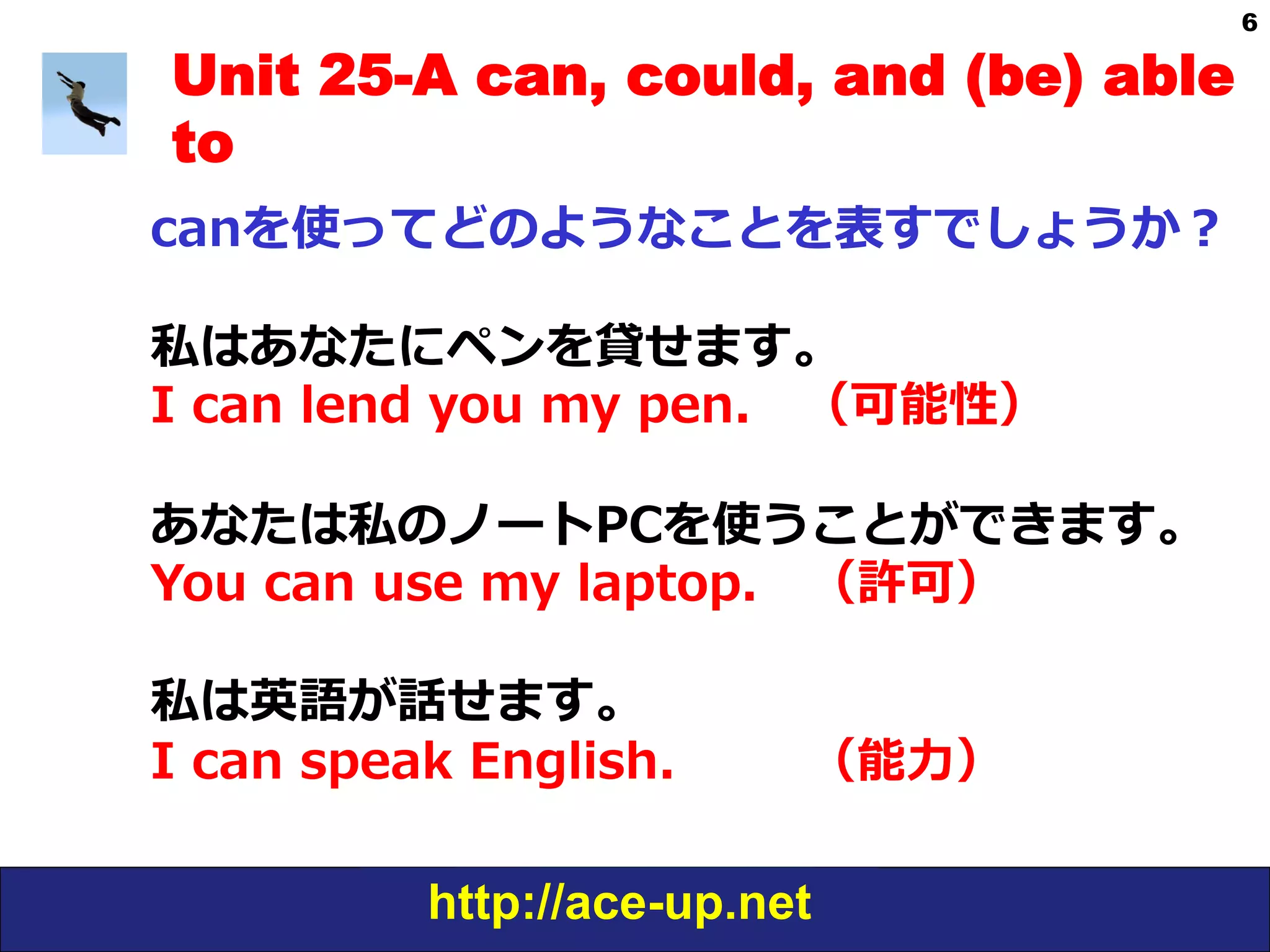 http://ace-up.net
6
Unit 25-A can, could, and (be) able
to
canを使ってどのようなことを表すでしょうか？
私はあなたにペンを貸せます。
I  can  lend  you  my  pen. 　（可能性）
あなたは私のノートPCを使うことができます。
You  can  use  my  laptop. 　（許可）
私は英語が話せます。
I  can  speak  English. 　     　（能⼒力力）
 