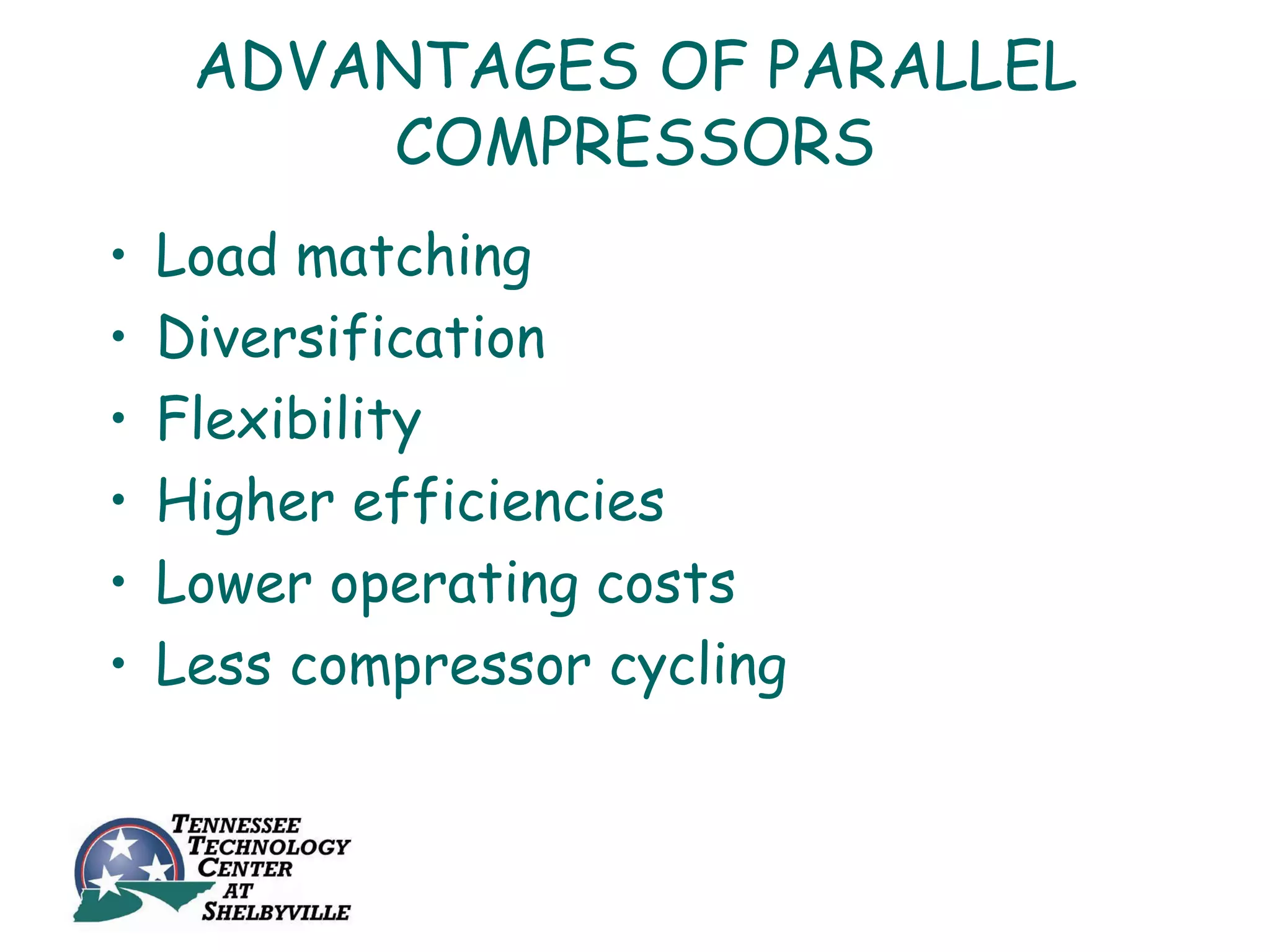 ADVANTAGES OF PARALLEL
         COMPRESSORS
•   Load matching
•   Diversification
•   Flexibility
•   Higher efficiencies
•   Lower operating costs
•   Less compressor cycling
 