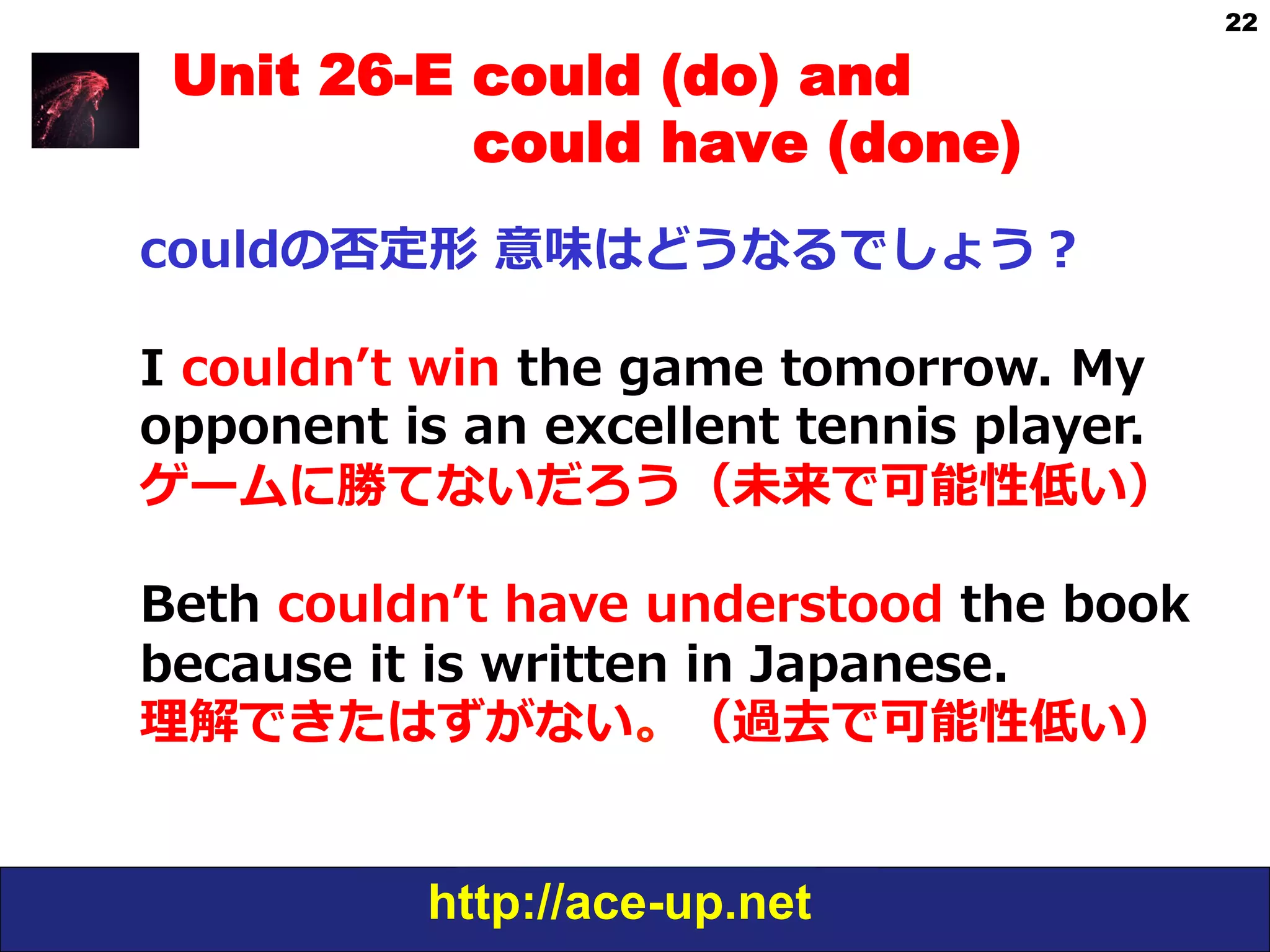 http://ace-up.net
22
Unit 26-E could (do) and
could have (done)
couldの否定形  意味はどうなるでしょう？
I  couldnʼ’t  win  the  game  tomorrow.  My    
opponent  is  an  excellent  tennis  player.
ゲームに勝てないだろう（未来で可能性低い）
Beth  couldnʼ’t  have  understood  the  book  
because  it  is  written  in  Japanese.
理理解できたはずがない。（過去で可能性低い）
 