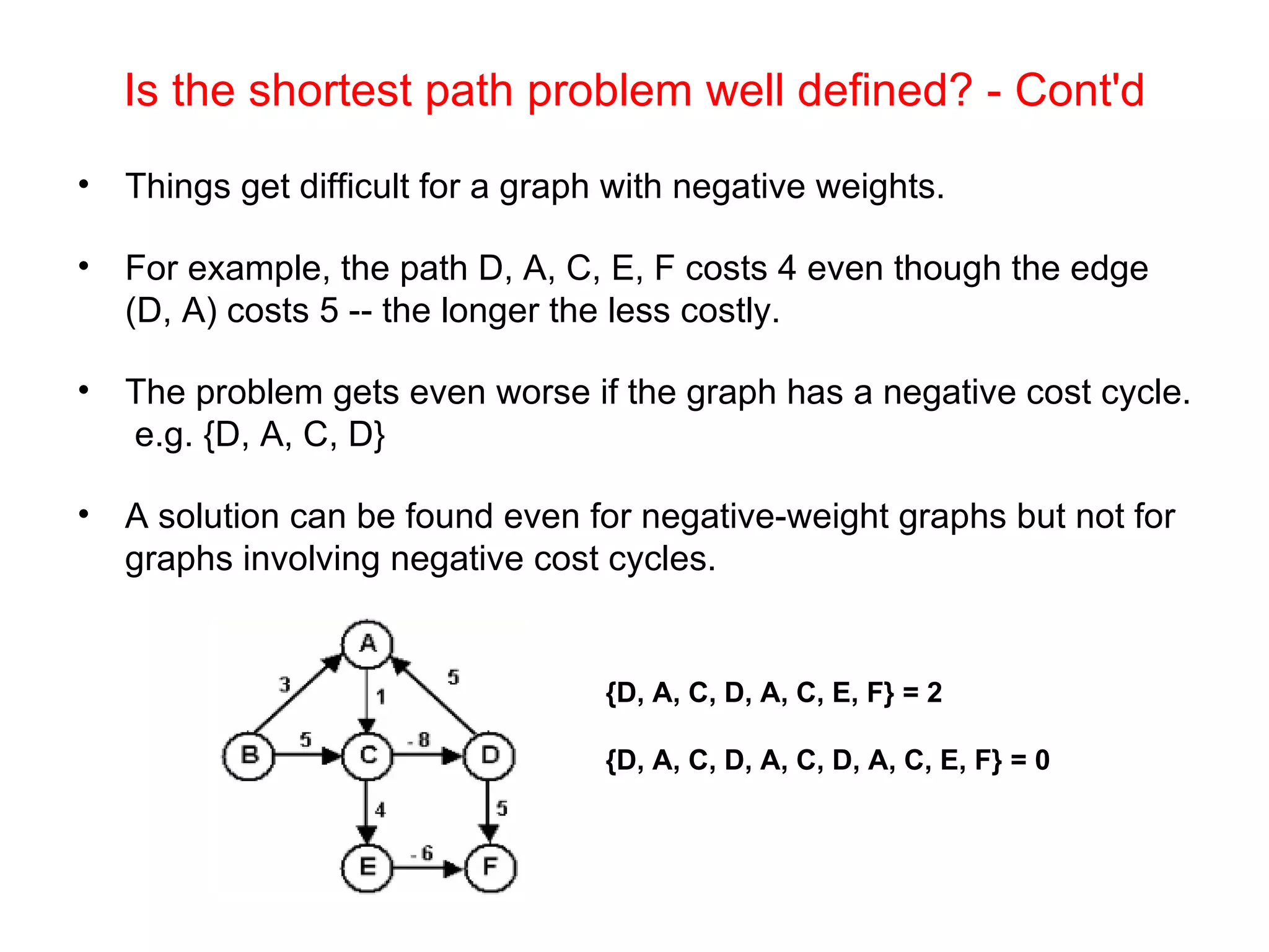 Is the shortest path problem well defined? - Cont'd Things get difficult for a graph with negative weights. For example, the path D, A, C, E, F costs 4 even though the edge (D, A) costs 5 -- the longer the less costly. The problem gets even worse if the graph has a negative cost cycle.  e.g. {D, A, C, D} A solution can be found even for negative-weight graphs but not for graphs involving negative cost cycles. {D, A, C, D, A, C, E, F} = 2 {D, A, C, D, A, C, D, A, C, E, F} = 0 