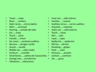 • Travel……viajar 
• Brain ……cerebro 
• Optic nerve……nervio óptico 
• Main ……principal 
• Hearing……sentido del oído 
• Ear……oreja 
• Touch……tacto 
• Include……incluir 
• Ear canal……conducto auditivo 
• Receive……recoger, recibir 
• Sound……sonido 
• Middle ear……oído medio 
• Eardrum ……martillo 
• Small bones……cadena de huesescillos 
• Change into……transformar 
• Vibrations……vibraciones 
• Inner ear……oído interno 
• Cochlea ……caracol 
• Auditory nerve……nervio auditivo 
• Impulses……impulsos 
• Outer ear……oído externo 
• Touch……tacto 
• Skin ……piel 
• Layer……capa 
• Epidermis……epidermis 
• Dermis……dermis 
• Knocking……golpes 
• Heat ……calor 
• Pressure ……presión 
• Contain……contener 
• Fat ……grasa 
 