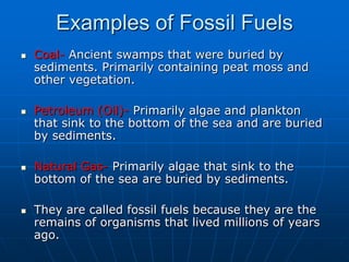 Examples of Fossil Fuels,[object Object],Coal- Ancient swamps that were buried by sediments. Primarily containing peat moss and other vegetation.,[object Object],Petroleum (Oil)- Primarily algae and plankton that sink to the bottom of the sea and are buried by sediments.,[object Object],Natural Gas- Primarily algae that sink to the bottom of the sea are buried by sediments.,[object Object],They are called fossil fuels because they are the remains of organisms that lived millions of years ago.,[object Object]