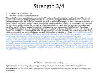 Strength 3/4
• Excellence Trait: Lineout Calls
• Describe / Explain / Critically Analyze:
A lineout call or code is used to communicate the throwing and catching strategy for that lineout, The lineout
plays a pivotal in a game of rugby, the lineout It is a way of restarting play after the ball has been knocked or
kicked out of play past the touch line. I felt that this was an important strength, In Alfie’s position he not only is a
lineout jumper he is also a lineout caller it is important for Alfie to have a lineout call that outwits and confuses
the opposition lineout in order for his team to maintain the ball and give a solid platform for the backs to get
front foot ball off. Without a good lineout it prevents you and your team getting front foot ball, if you have
predictable lineout calls then the opposition team are more likely to disrupt and steal your lineout ball. A good
lineout call provides the throwing team with a huge advantage because, providing the hooker is accurate, they
know exactly where the ball is going to go and who should jump or be lifted to catch it. Having good lineout calls
with be of a personal advantage to Alfie being a good lineout caller at Alfie’s level is seen as a trait that coaches
really take a liking to and a real factor within team selection and possibly being selected for higher
representative honours , being a lineout caller and leader within the lineout will increase Alfie’s chances of being
selected in the starting forwards line-up. The whole team benefits of Alfie being a good lineout call will be of an
attacking whole team advantage, having a good lineout call that confuses opposition forwards will increase the
percentage win ratio of the lineout's which will mean that they will be able to set up a driving maul, build phases
and play the game an the opposition half. If the percentage of lineout win’s is high and Alfie calls a lineout move
that maintains the ball then this will be a whole team benefit in attack as the backs have a solid platform to work
off set from the lineout ball.
Describe: Give a detailed account of something
Explain: Give a detailed account to give the meaning of something with reasons. Include the ‘how’ and ‘why’ of the topic of interest
Critically Analyse: Give your opinion of the subject of interest – consider all of the evidence and then write about both the advantages and
disadvantages
 
