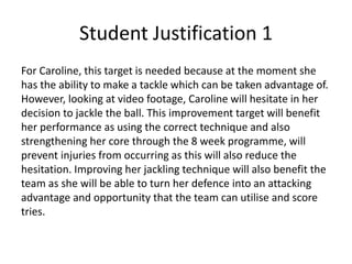 Student Justification 1
For Caroline, this target is needed because at the moment she
has the ability to make a tackle which can be taken advantage of.
However, looking at video footage, Caroline will hesitate in her
decision to jackle the ball. This improvement target will benefit
her performance as using the correct technique and also
strengthening her core through the 8 week programme, will
prevent injuries from occurring as this will also reduce the
hesitation. Improving her jackling technique will also benefit the
team as she will be able to turn her defence into an attacking
advantage and opportunity that the team can utilise and score
tries.
 