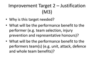 Improvement Target 2 – Justification
(M3)
• Why is this target needed?
• What will be the performance benefit to the
performer (e.g. team selection, injury
prevention and representative honours)?
• What will be the performance benefit to the
performers team(s) (e.g. unit, attack, defence
and whole team benefits)?
 