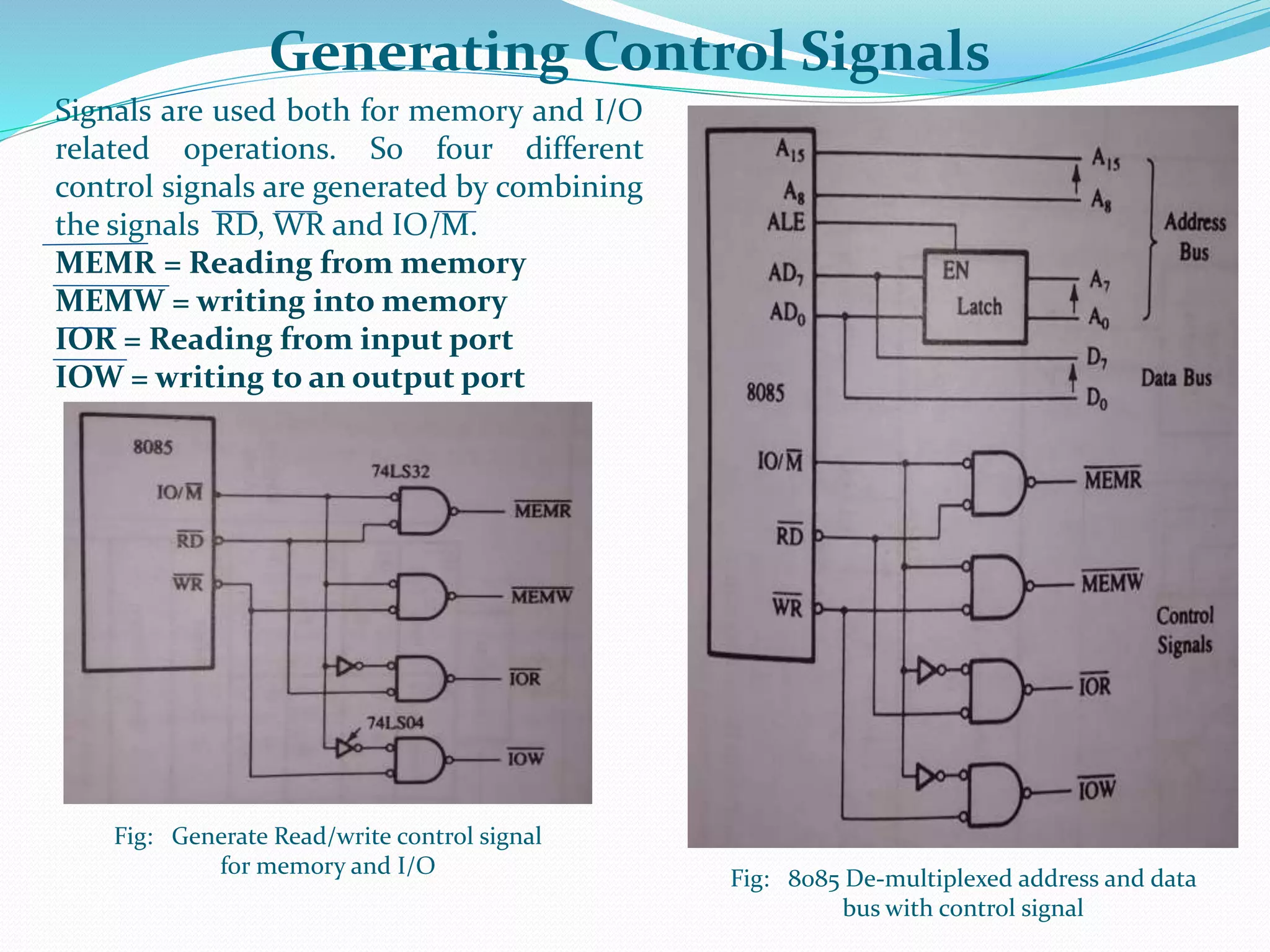 Generating Control Signals
Fig: Generate Read/write control signal
for memory and I/O
Signals are used both for memory and I/O
related operations. So four different
control signals are generated by combining
the signals RD, WR and IO/M.
MEMR = Reading from memory
MEMW = writing into memory
IOR = Reading from input port
IOW = writing to an output port
Fig: 8085 De-multiplexed address and data
bus with control signal
 