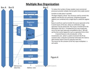 Multiple Bus Organization To reduce the number of steps needed, most commercial processors provide multiple internal paths that enable several transfers to take place in parallel . The figure depicts a three –bus structure used to connect the registers and the ALU of a processor. All general purpose registers are combined into a single block is called the register file. Buses A and B are used to transfer the source operands to the A and B inputs of the ALU, where an arithmetic or logic operation may be performed. The result is transferred to the destination over bus C. If needed the ALU may simply pass one of its two input operands unmodified to bus C. We will call the ALU control signals for such an operation R=A or R=B. A second feature is the introduction  of the Incrementer unit , which is used to increment the PC by  constant value. Using the incrementer eliminates the need to add constant value to the PC using the main ALU.  The source for the constant at the ALU input multiplexer  is still useful.  Constant A B R Figure 4 By RAKESH ROSHAN 09971640291 Incrementer PC MAR MDR IR Instruction Decoder Register File MUX ALU Bus A Bus B Bus C Address  Lines Memory bus Data lines 