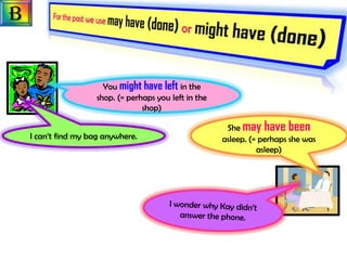 B


                        You might have left in the
                      shop. (= perhaps you left in the
                                   shop)

                                                          She may have been
    I can’t find my bag anywhere.                        asleep. (= perhaps she was
                                                                   asleep)
 