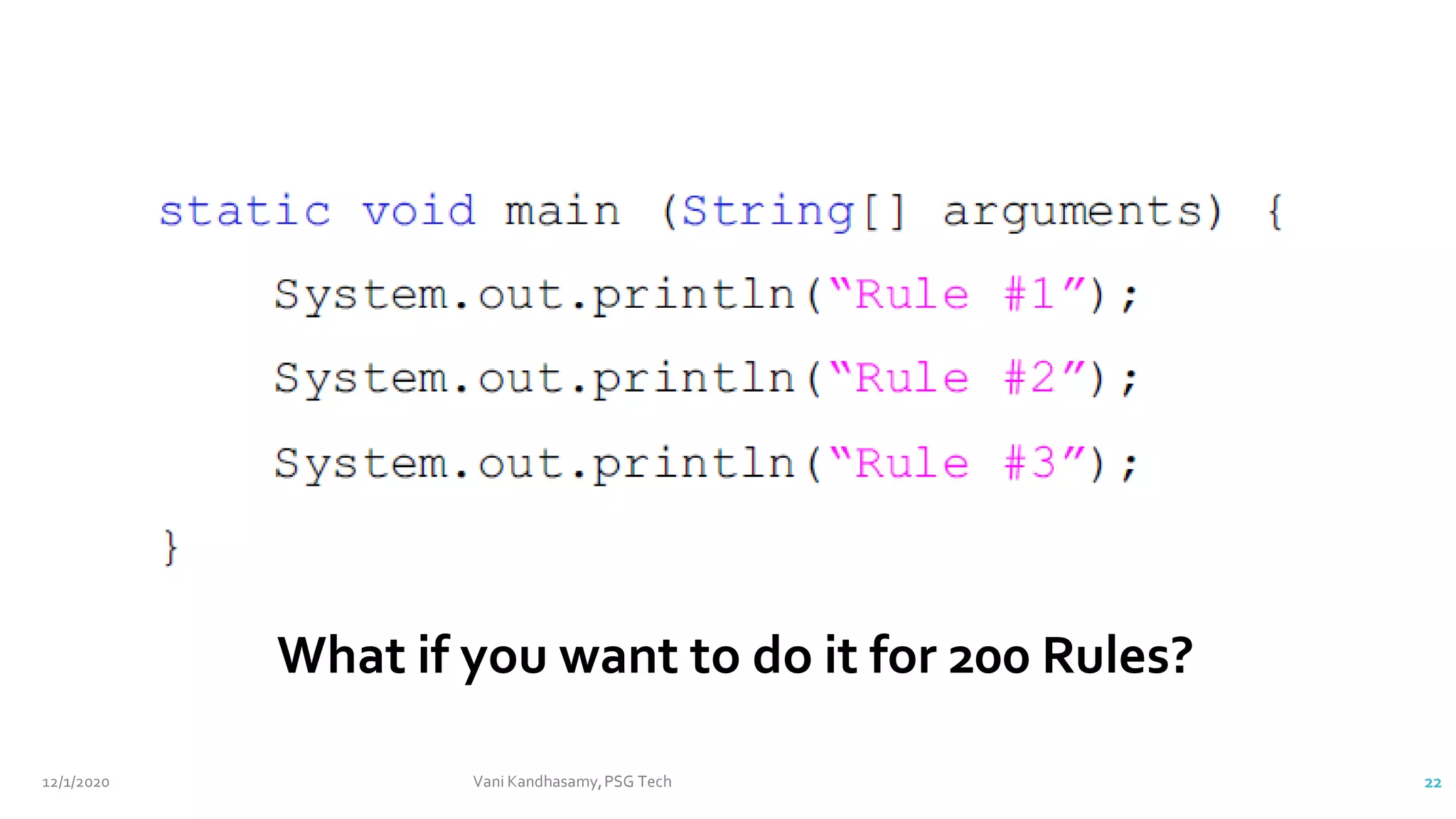 12/1/2020 Vani Kandhasamy,PSG Tech 22
What if you want to do it for 200 Rules?
 