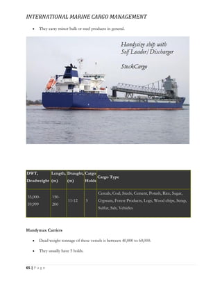 INTERNATIONAL MARINE CARGO MANAGEMENT
65 | P a g e
 They carry minor bulk or steel products in general.
DWT,
Deadweight
Length,
(m)
Draught,
(m)
Cargo
Holds
Cargo Type
35,000-
59,999
150-
200
11-12 5
Cereals, Coal, Steels, Cement, Potash, Rice, Sugar,
Gypsum, Forest Products, Logs, Wood chips, Scrap,
Sulfur, Salt, Vehicles
Handymax Carriers
 Dead weight tonnage of these vessels is between 40,000 to 60,000.
 They usually have 5 holds.
 