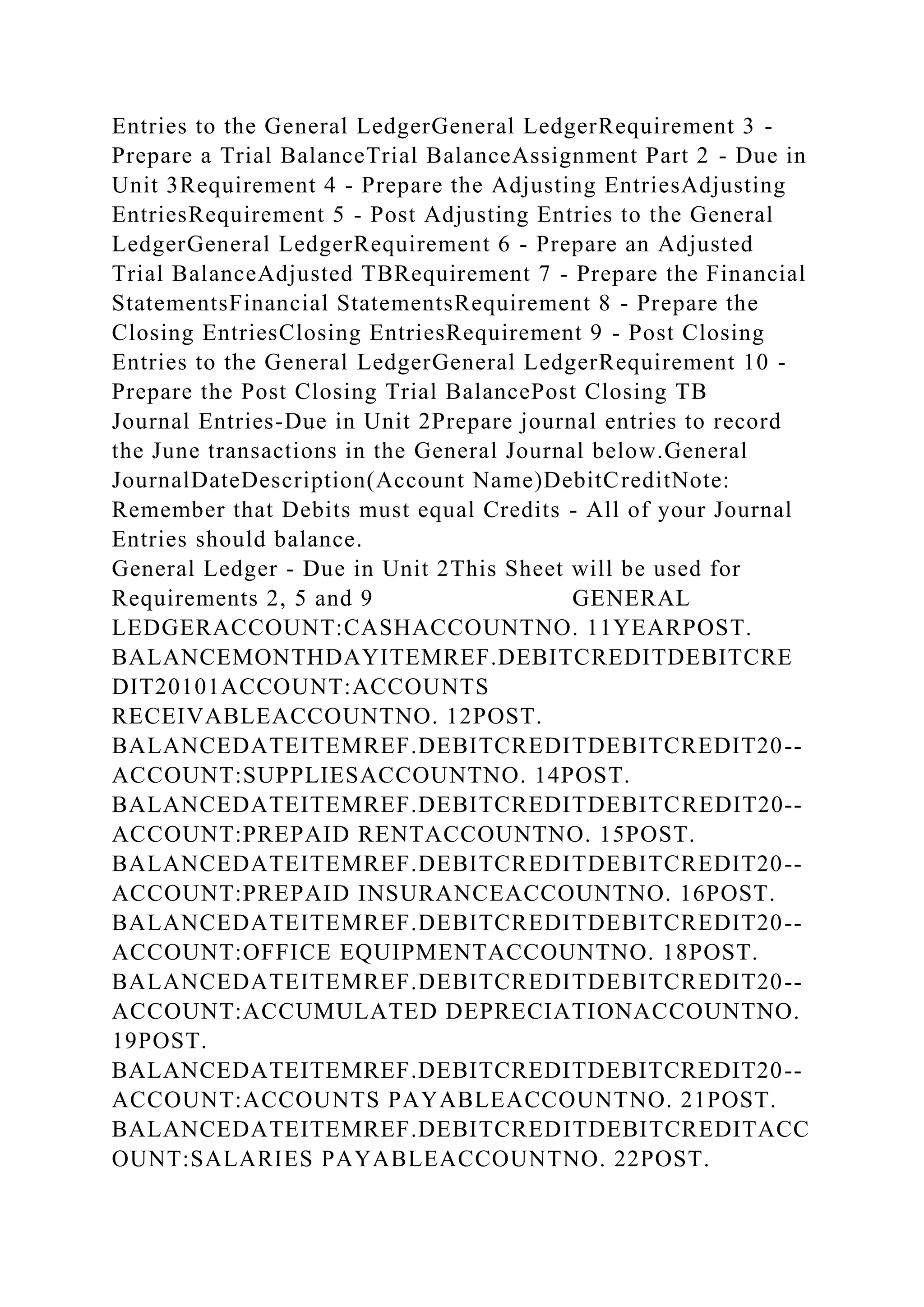 Entries to the General LedgerGeneral LedgerRequirement 3 -
Prepare a Trial BalanceTrial BalanceAssignment Part 2 - Due in
Unit 3Requirement 4 - Prepare the Adjusting EntriesAdjusting
EntriesRequirement 5 - Post Adjusting Entries to the General
LedgerGeneral LedgerRequirement 6 - Prepare an Adjusted
Trial BalanceAdjusted TBRequirement 7 - Prepare the Financial
StatementsFinancial StatementsRequirement 8 - Prepare the
Closing EntriesClosing EntriesRequirement 9 - Post Closing
Entries to the General LedgerGeneral LedgerRequirement 10 -
Prepare the Post Closing Trial BalancePost Closing TB
Journal Entries-Due in Unit 2Prepare journal entries to record
the June transactions in the General Journal below.General
JournalDateDescription(Account Name)DebitCreditNote:
Remember that Debits must equal Credits - All of your Journal
Entries should balance.
General Ledger - Due in Unit 2This Sheet will be used for
Requirements 2, 5 and 9 GENERAL
LEDGERACCOUNT:CASHACCOUNTNO. 11YEARPOST.
BALANCEMONTHDAYITEMREF.DEBITCREDITDEBITCRE
DIT20101ACCOUNT:ACCOUNTS
RECEIVABLEACCOUNTNO. 12POST.
BALANCEDATEITEMREF.DEBITCREDITDEBITCREDIT20--
ACCOUNT:SUPPLIESACCOUNTNO. 14POST.
BALANCEDATEITEMREF.DEBITCREDITDEBITCREDIT20--
ACCOUNT:PREPAID RENTACCOUNTNO. 15POST.
BALANCEDATEITEMREF.DEBITCREDITDEBITCREDIT20--
ACCOUNT:PREPAID INSURANCEACCOUNTNO. 16POST.
BALANCEDATEITEMREF.DEBITCREDITDEBITCREDIT20--
ACCOUNT:OFFICE EQUIPMENTACCOUNTNO. 18POST.
BALANCEDATEITEMREF.DEBITCREDITDEBITCREDIT20--
ACCOUNT:ACCUMULATED DEPRECIATIONACCOUNTNO.
19POST.
BALANCEDATEITEMREF.DEBITCREDITDEBITCREDIT20--
ACCOUNT:ACCOUNTS PAYABLEACCOUNTNO. 21POST.
BALANCEDATEITEMREF.DEBITCREDITDEBITCREDITACC
OUNT:SALARIES PAYABLEACCOUNTNO. 22POST.
 
