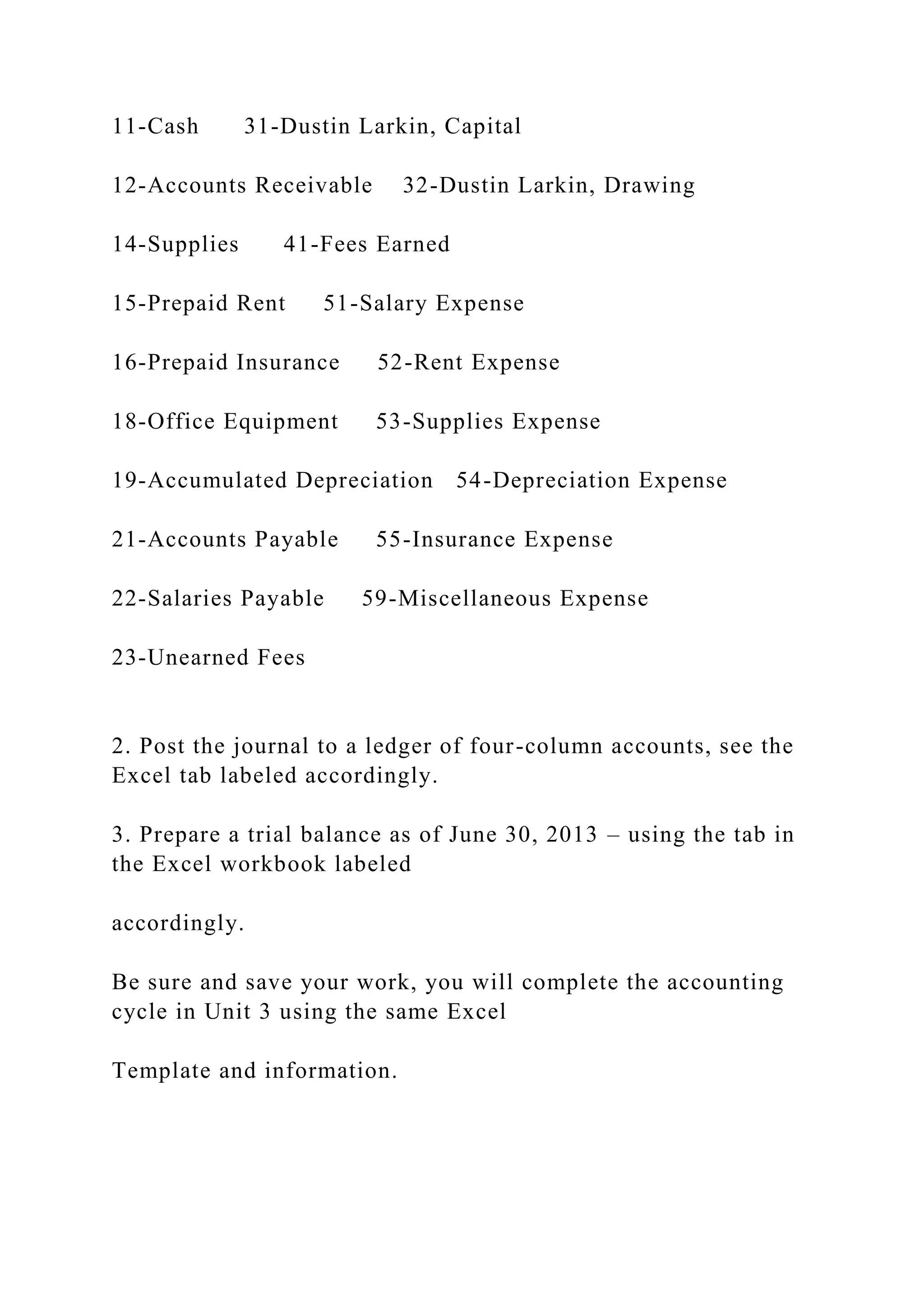 11-Cash 31-Dustin Larkin, Capital
12-Accounts Receivable 32-Dustin Larkin, Drawing
14-Supplies 41-Fees Earned
15-Prepaid Rent 51-Salary Expense
16-Prepaid Insurance 52-Rent Expense
18-Office Equipment 53-Supplies Expense
19-Accumulated Depreciation 54-Depreciation Expense
21-Accounts Payable 55-Insurance Expense
22-Salaries Payable 59-Miscellaneous Expense
23-Unearned Fees
2. Post the journal to a ledger of four-column accounts, see the
Excel tab labeled accordingly.
3. Prepare a trial balance as of June 30, 2013 – using the tab in
the Excel workbook labeled
accordingly.
Be sure and save your work, you will complete the accounting
cycle in Unit 3 using the same Excel
Template and information.
 