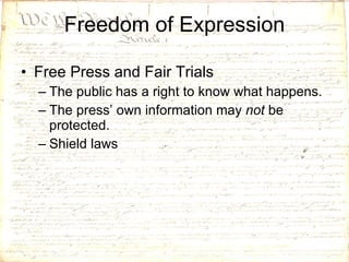 Freedom of Expression Free Press and Fair Trials The public has a right to know what happens. The press’ own information may  not  be protected. Shield laws 