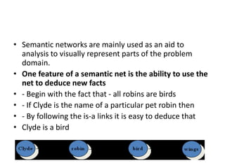 • Semantic networks are mainly used as an aid to
analysis to visually represent parts of the problem
domain.
• One feature of a semantic net is the ability to use the
net to deduce new facts
• - Begin with the fact that - all robins are birds
• - If Clyde is the name of a particular pet robin then
• - By following the is-a links it is easy to deduce that
• Clyde is a bird
 
