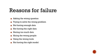 Reasons for failure
▪ Asking the wrong question
▪ Trying to solve the wrong problem
▪ Not having enough data
▪ Not having the right data
▪ Having too much data
▪ Hiring the wrong people
▪ Using the wrong tools
▪ Not having the right model
 
